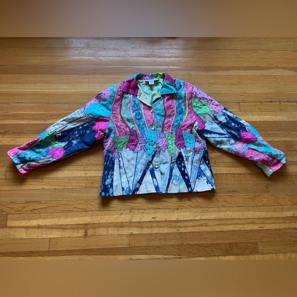 Vintage ANAGE jacket denim colorful sequins silk patchwork M 80s 90s quilted